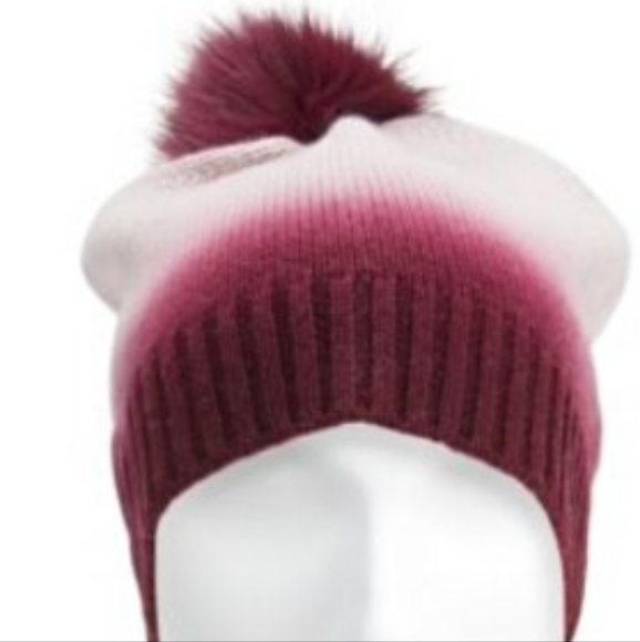 Sofia cashmere and fox fur pom-pom beanie in burgundy and winter white - Picture 3 of 4